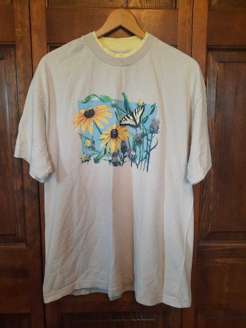 Vintage 100% Cotton Tan Sunflower Graphic Double Collar T-shirt Size XL
